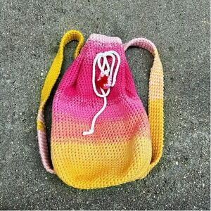 Handmade Crochet Backpack Women's Pink Yellow Drawstring Hippie Sapphic Groovy